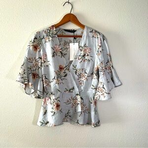 Zara Linen Top Wrap Ruffle Hem Frilly Bell Sleeves Floral Pattern Light Grey